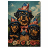Rottweiler Dog Family in Patriotic Outfits and Star Hats with Flowers in Scenic Landscape for Fourth of July Celebration on Ready to Hang 1.5" Thick Canvas Wrap, Floating Framed Canvas, Flat Rolled Canvas